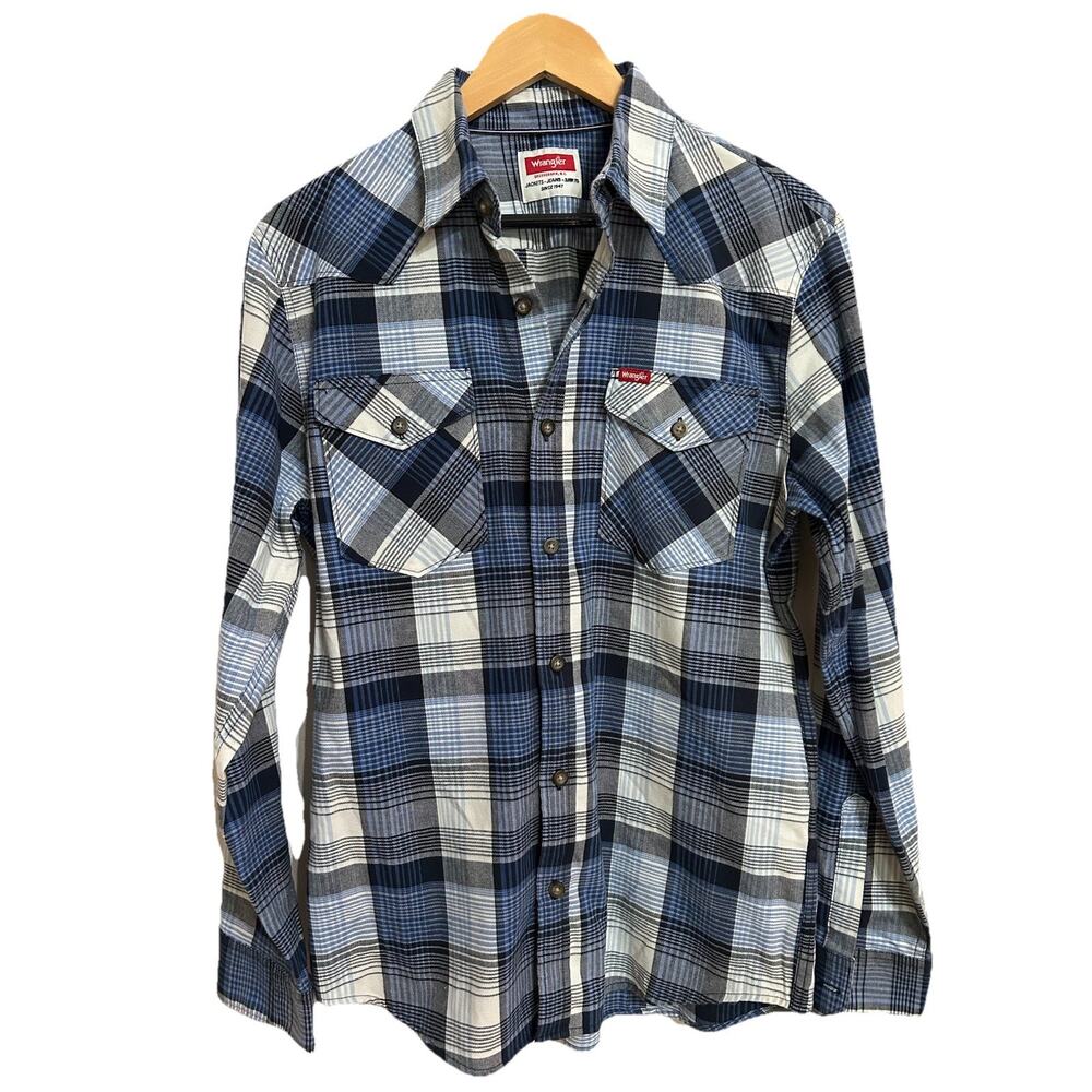 Wrangler Shirt Mens Medium Buttons Blue Plaid